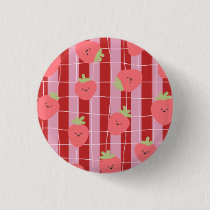 Badge Rond 2,50 Cm Rayures roses et rouges, avec des fraises