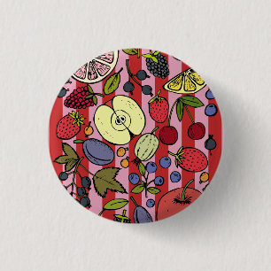 Badge Rond 2,50 Cm Rayures roses et rouges avec des fruits colorés