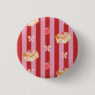 Badge Rond 2,50 Cm Rayures roses et rouges avec motif de gâteau