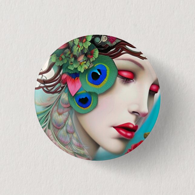 Badge Rond 2,50 Cm Red Lips et Rose Peacock Abstrait (Devant)