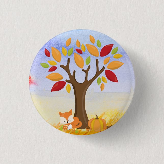 Badge Rond 2,50 Cm Renard d'automne avec Citrouille (Devant)