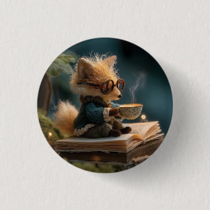 Badge Rond 2,50 Cm Renard fantaisiste lisant un livre et buvant du th