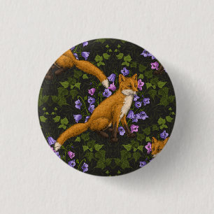 Badge Rond 2,50 Cm Renard, fleurs et lierre, vert, orange et viole