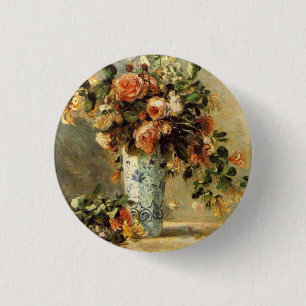 Badge Rond 2,50 Cm Renoir Roses et Jasmin dans un vase Delft