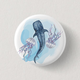 Badge Rond 2,50 Cm Requin Baleine. Aquarelle