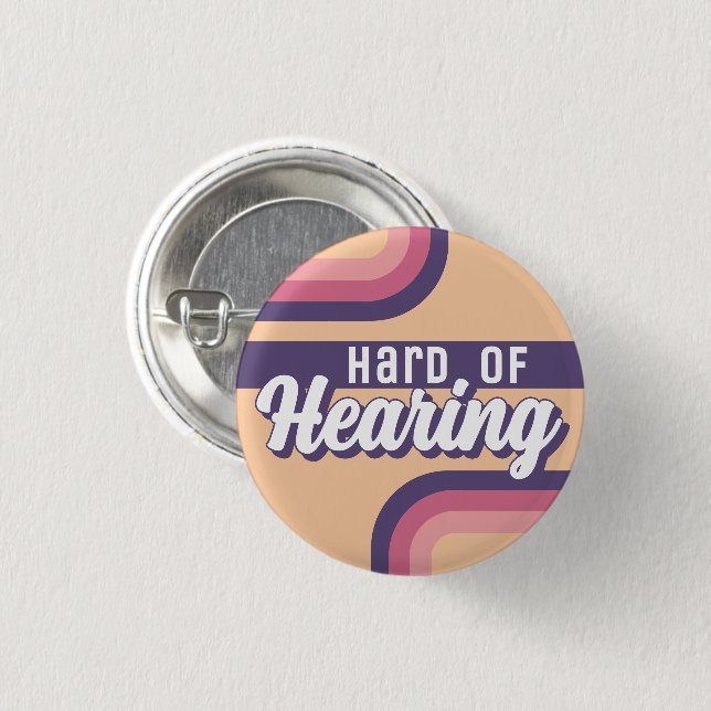 Badge Rond 2,50 Cm Retro 70s Yellow Purple Script Hard of Hearing (Devant & derrière)
