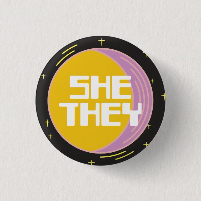 Badge Rond 2,50 Cm Rétro 80s Lune Elle/Ils Pronouns (Devant)
