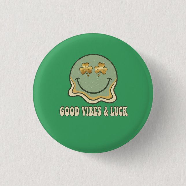 Badge Rond 2,50 Cm Retro St. Patrick's Day Good Vibes & Luck Smiley  (Devant)