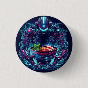 Badge Rond 2,50 Cm Robot Cyberpunk Futuriste Neon Nourriture Ramen