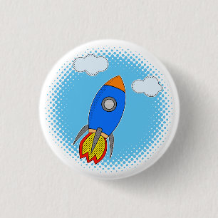 Badge Rond 2,50 Cm Roquette De Dessin Dans Le Ciel Bleu Halftones