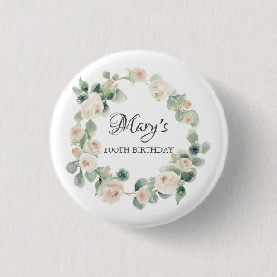 Badge Rond 2,50 Cm Rose blanche Eucalyptus Botanique 100e anniversair