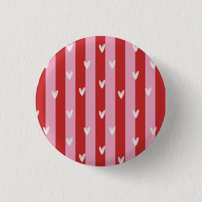 Badge Rond 2,50 Cm Rose et rouge, cœurs rayés (Devant)