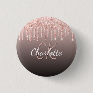 Badge Rond 2,50 Cm Rose gold black glitter drips custom monogram name