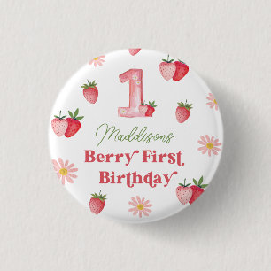 Badge Rond 2,50 Cm Rose Pâle & Fraise Rouge Premier Anniversaire Frai