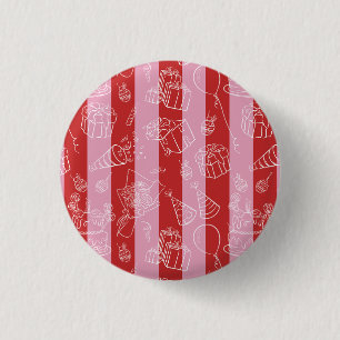 Badge Rond 2,50 Cm Rouge et rose rayé avec dessins de fête par-dessus