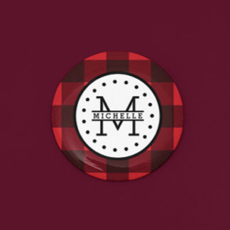 Badge Rond 2,50 Cm Rouge noir Buffalo Plaid Nom de la sériole Monogra