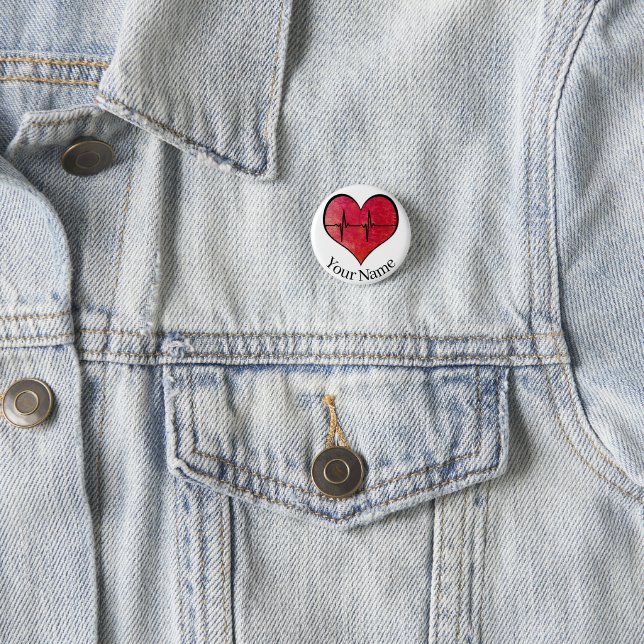 Badge Rond 2,50 Cm Rouge nommé personnalisé d'ECG -- Coeur (En situation)