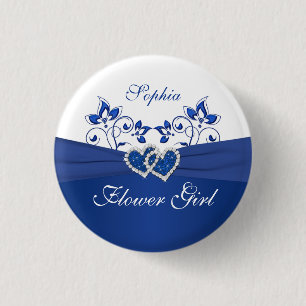 Badge Rond 2,50 Cm Royal Blue, Blanc Floral Flower Pin