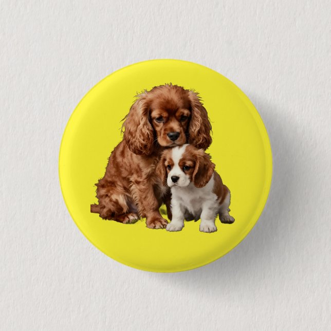 Badge Rond 2,50 Cm Ruby Cavalier Spaniel et son chiot Blenheim (Devant)