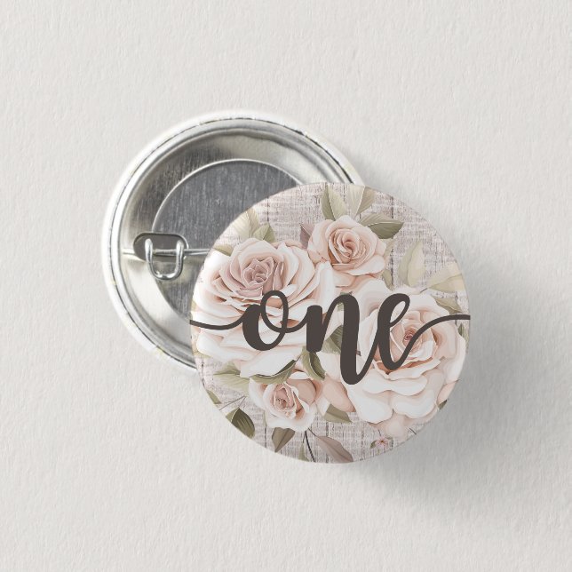 Badge Rond 2,50 Cm Rustic Wood & Shabby Chic Rose 1er anniversaire (Devant & derrière)