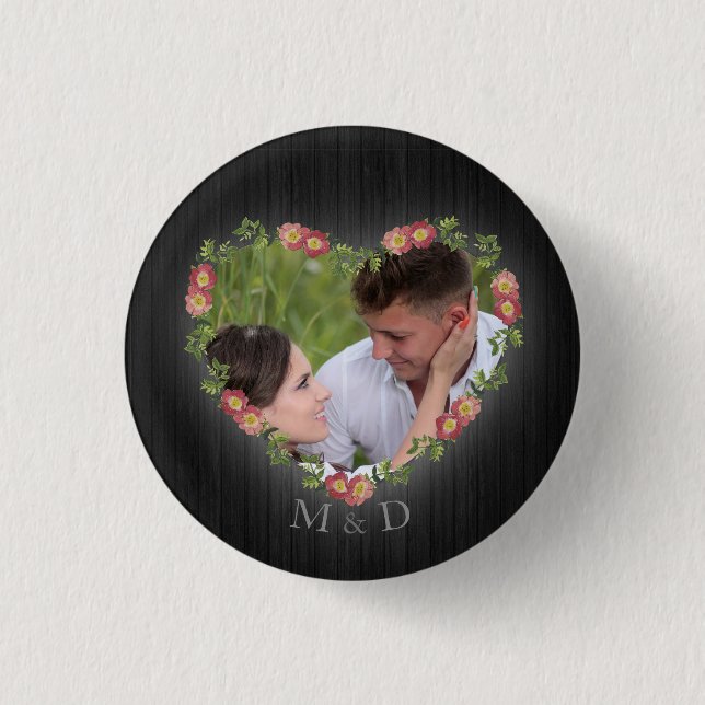 Badge Rond 2,50 Cm Rustique Bois Floral Coeur Photo personnalisée (Devant)