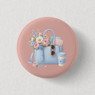 Badge Rond 2,50 Cm Sac à main floral bleu avec lunettes de soleil et 