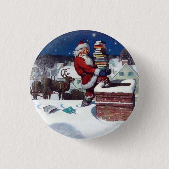 Badge Rond 2,50 Cm Santa Delivering Books at Christmas,  (Devant)