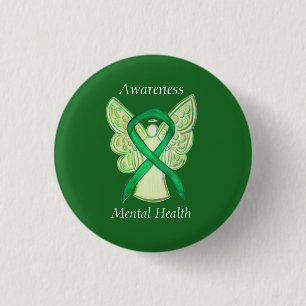 Badge Rond 2,50 Cm Santé mentale Sensibilisation verte Ruban Angel Pi