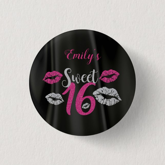 Badge Rond 2,50 Cm Satin Noir Et Parties scintillant Rose Et Gris (Devant)