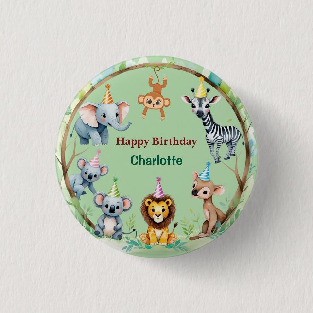 Badge Rond 2,50 Cm Sauvage Tropical Une Jungle Safari Animaux Anniver (Devant)