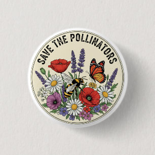 Badge Rond 2,50 Cm Sauver le pollinisateur avec abeille, papillon et