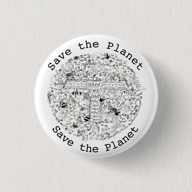 Badge Rond 2,50 Cm Save Planet Earth Endangered Animals & Trees Art (Devant)