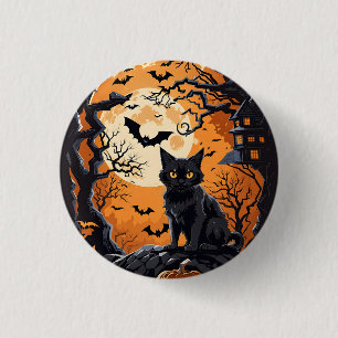 Badge Rond 2,50 Cm Scène d'Halloween avec chats, araignées et Citroui