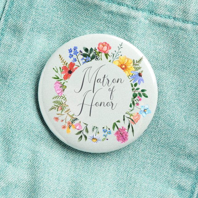 Badge Rond 2,50 Cm Script de Demoiselle d'Honneur Fleur des Champs Ma (Matron of Honor Wildflower Watercolor Floral Wreath Wedding Button
)