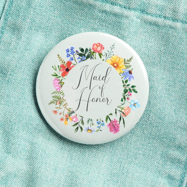 Badge Rond 2,50 Cm Script de Demoiselle d'Honneur Fleur Sauvage Maria (Maid of Honor Wildflower Watercolor Floral Wreath Wedding Button
)