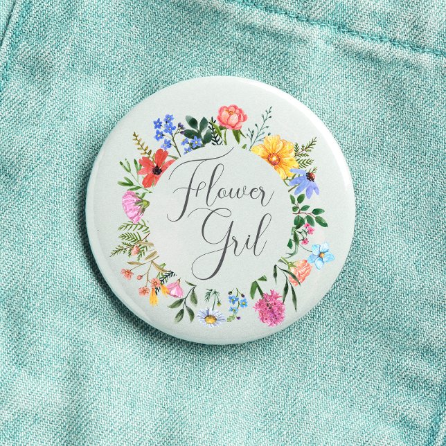 Badge Rond 2,50 Cm Script Fille Fleur de Mariage Fleur Sauvage  (Flower Girl Wildflower Watercolor Floral Wreath Wedding Button
)