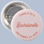 Badge Rond 2,50 Cm Script moderne soirée de bachelorette personnalisé<br><div class="desc">Un design de typographie moderne chic en orange et rose vif pour que vos invités fêtent une soirée spéciale bachelorette dans le style. Modifiez le texte pour personnaliser.</div>