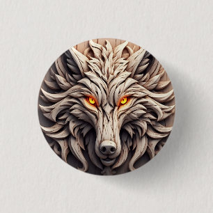 Badge Rond 2,50 Cm Sculpture de loup en bois avec motifs géométriques