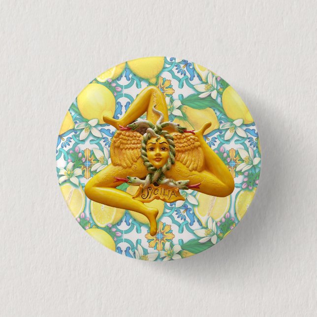 Badge Rond 2,50 Cm Sicily Trinacria Yellow and Blue Italian Lemon  (Devant)