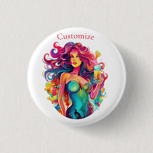 Badge Rond 2,50 Cm Sirène Arc-En-Ciel Avec Cocktail