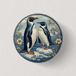 Badge Rond 2,50 Cm Snow Winter Glacier Blue Mr & Mrs Penguin Couple 