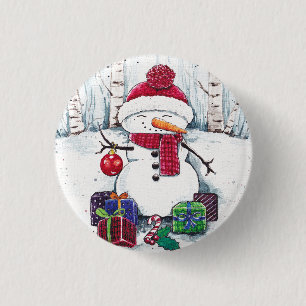 Badge Rond 2,50 Cm Snowman Avec Cadeaux En Aquarelle
