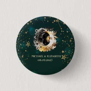 Badge Rond 2,50 Cm Soleil Céleste Et Fleurs Lune Étoiles Vert