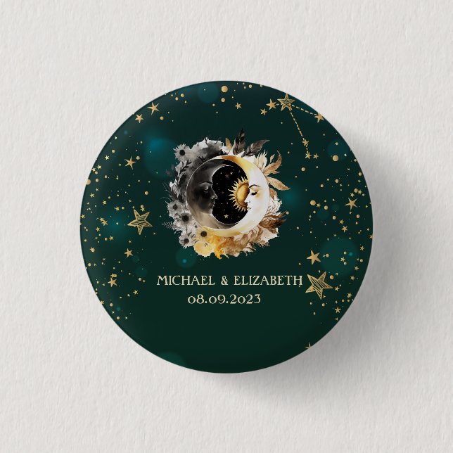Badge Rond 2,50 Cm Soleil Céleste Et Fleurs Lune Étoiles Vert (Devant)
