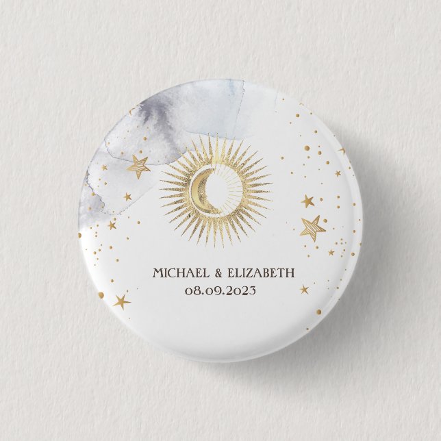 Badge Rond 2,50 Cm Soleil céleste, Lune, Étoiles (Devant)