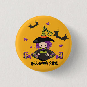 Badge Rond 2,50 Cm sorcière de dessin animé Halloween Chauves-souris 