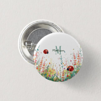 Badge Rond 2,50 Cm Spring Watercolor ladybug Floral Monogram Wildflow