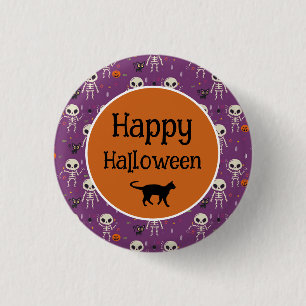 Badge Rond 2,50 Cm Squelettes Mignons et Chat Halloween Violet et Ora