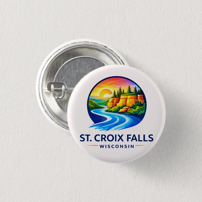 Badge Rond 2,50 Cm St. Croix Falls Wisconsin Scenic River & Cliffs  (Devant & derrière)