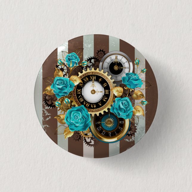 Badge Rond 2,50 Cm Steampunk Clock and Turquoise Roses on Striped (Devant)